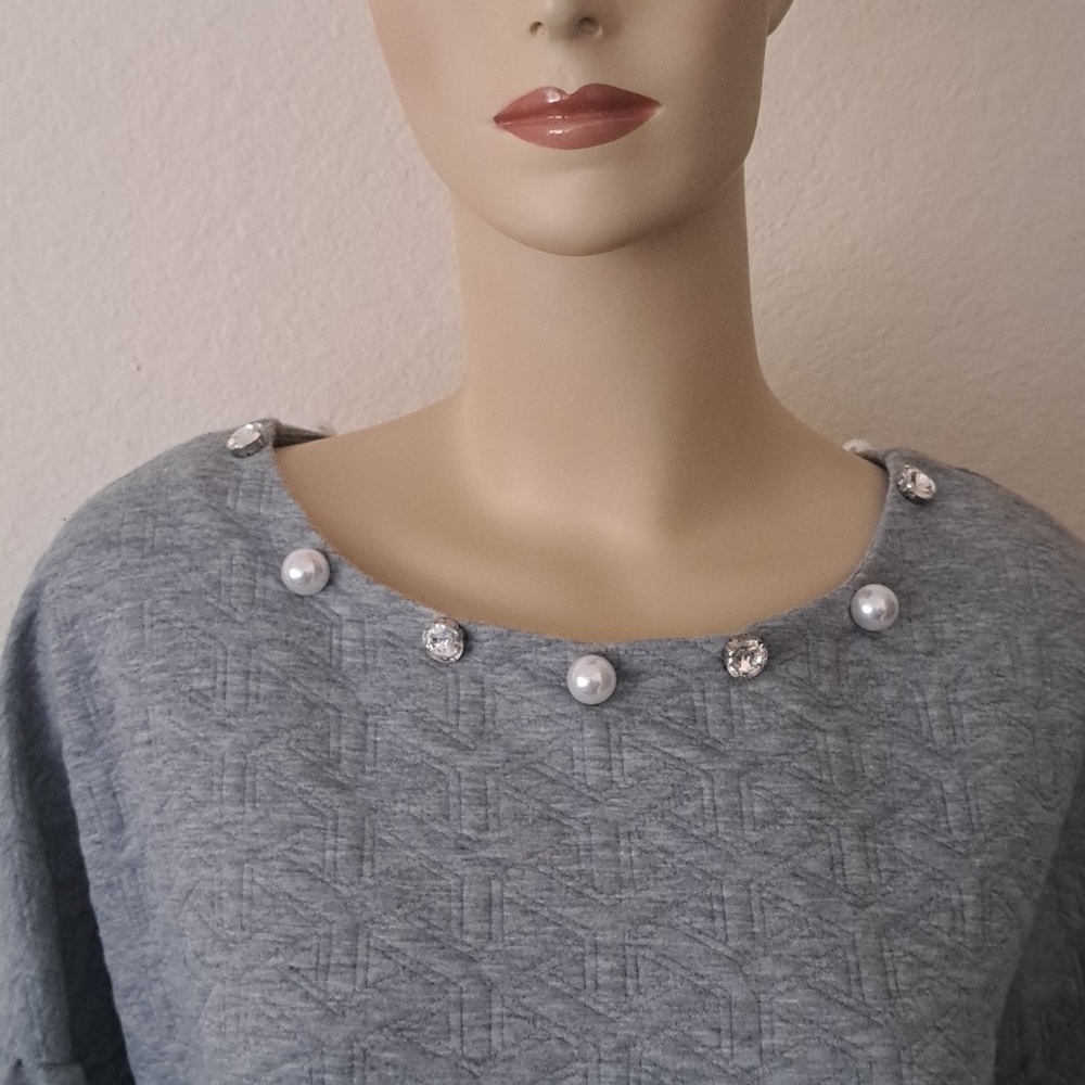 Gray  Dress with Pearl and Rhinestone Accents  Balloons Sleeves - Picture 2 of 9